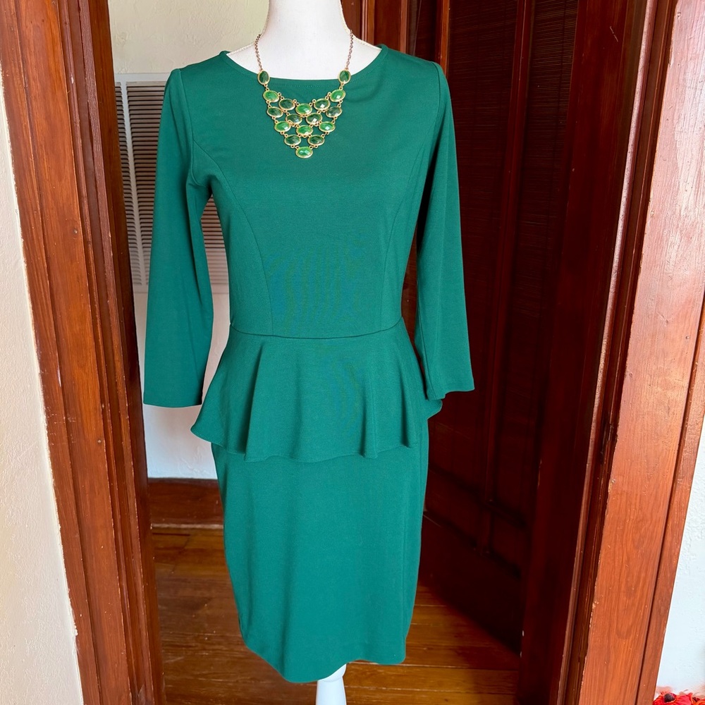 Cremieux Womens Hunter Green Peplum Long Sleeve Midi Dress Size Small